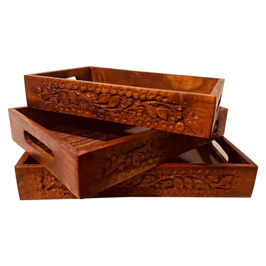 Traditional Hand Carving Serving Tray Set of 3 With Handles