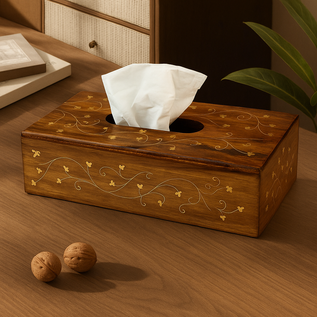 Handcrafted Wooden Tissue Boxes with Naqshi, Brass and Carving Work