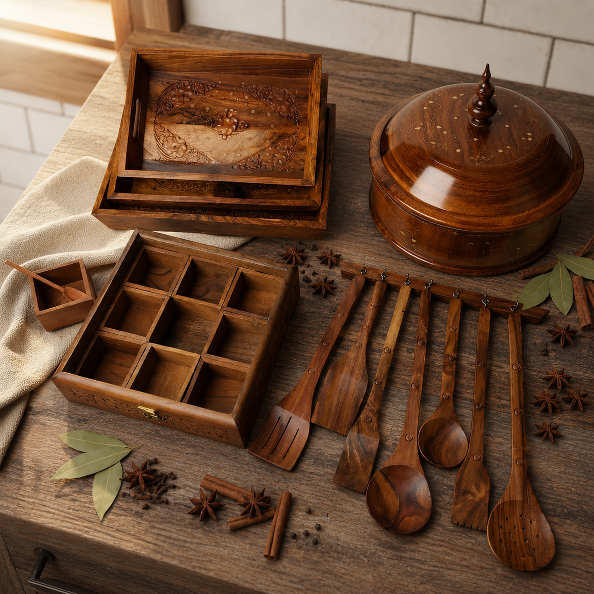 Wooden Kitchen Gift Set – Hotpot, Trays & 9-Spice Box