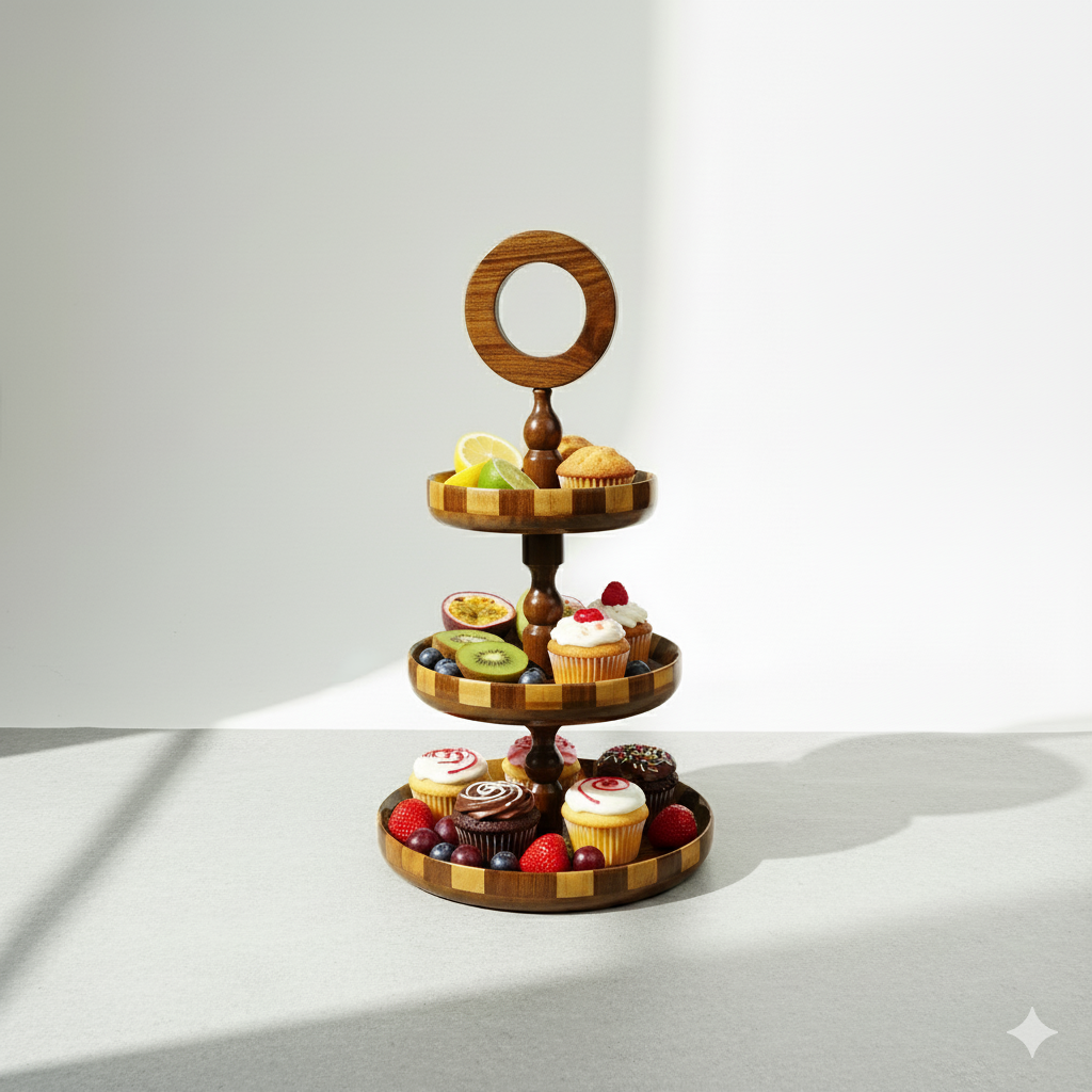 Handcrafted Sheesham Wood 3 Tiered Fruit Cupcake Stand