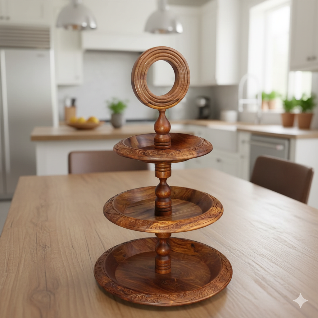 Handcrafted Sheesham Wood 3 Tiered Fruit Cupcake Stand