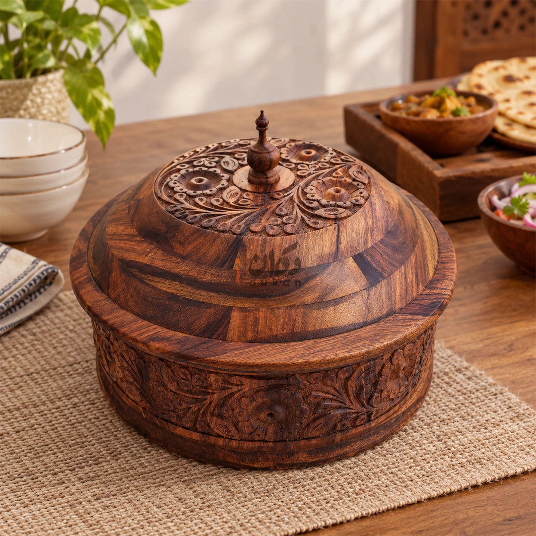 Hand-Carved Sheesham Wood Hotpot for Roti – Traditional Wooden Serving Hotpot