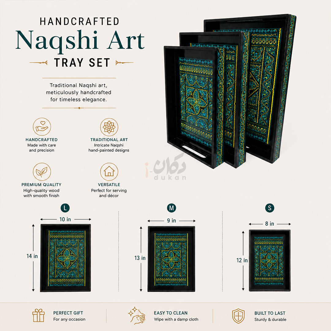 Naqshi Art Wooden Serving Tray Set – Handcrafted for Decorative and Serving - Green