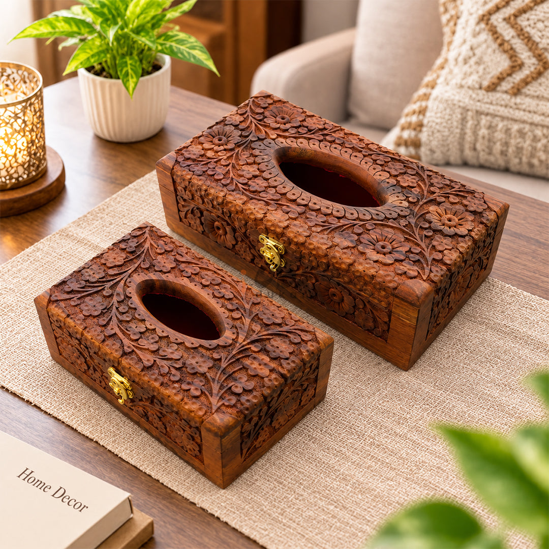 Handmade Wooden Tissue Box with Floral Hand Carving | Premium Sheesham Wood Storage Box