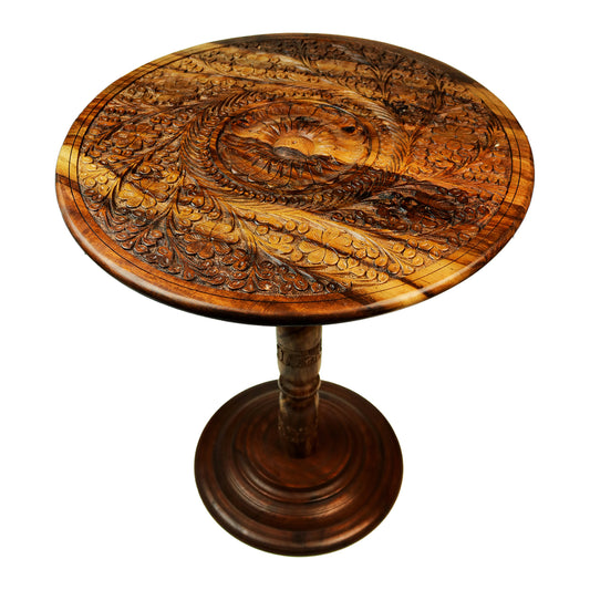 Hand Carving Pure Sheesham Wood Round Coffee Table