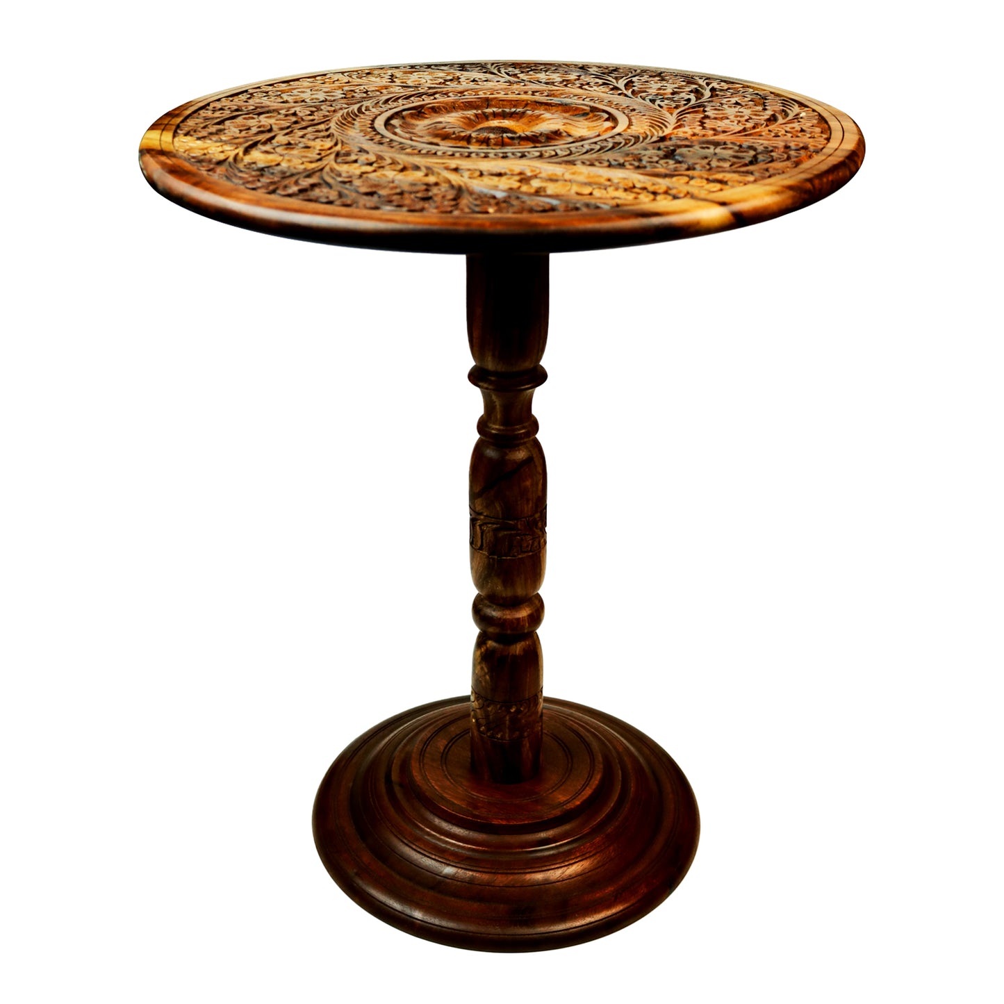 Hand Carving Pure Sheesham Wood Round Coffee Table