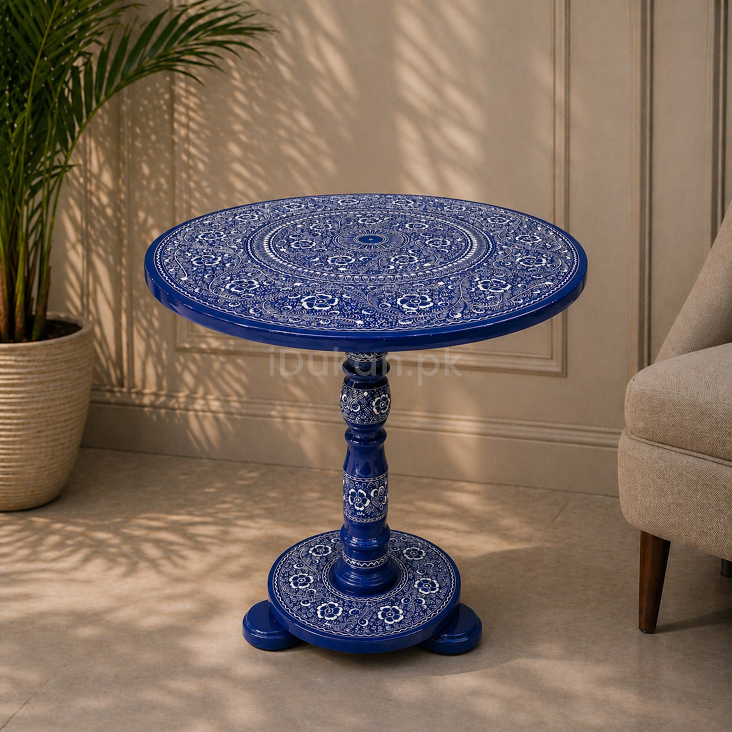 Hand-Painted NAQASHI Art Coffee Side Table for Home Decor (Blue Poetry)