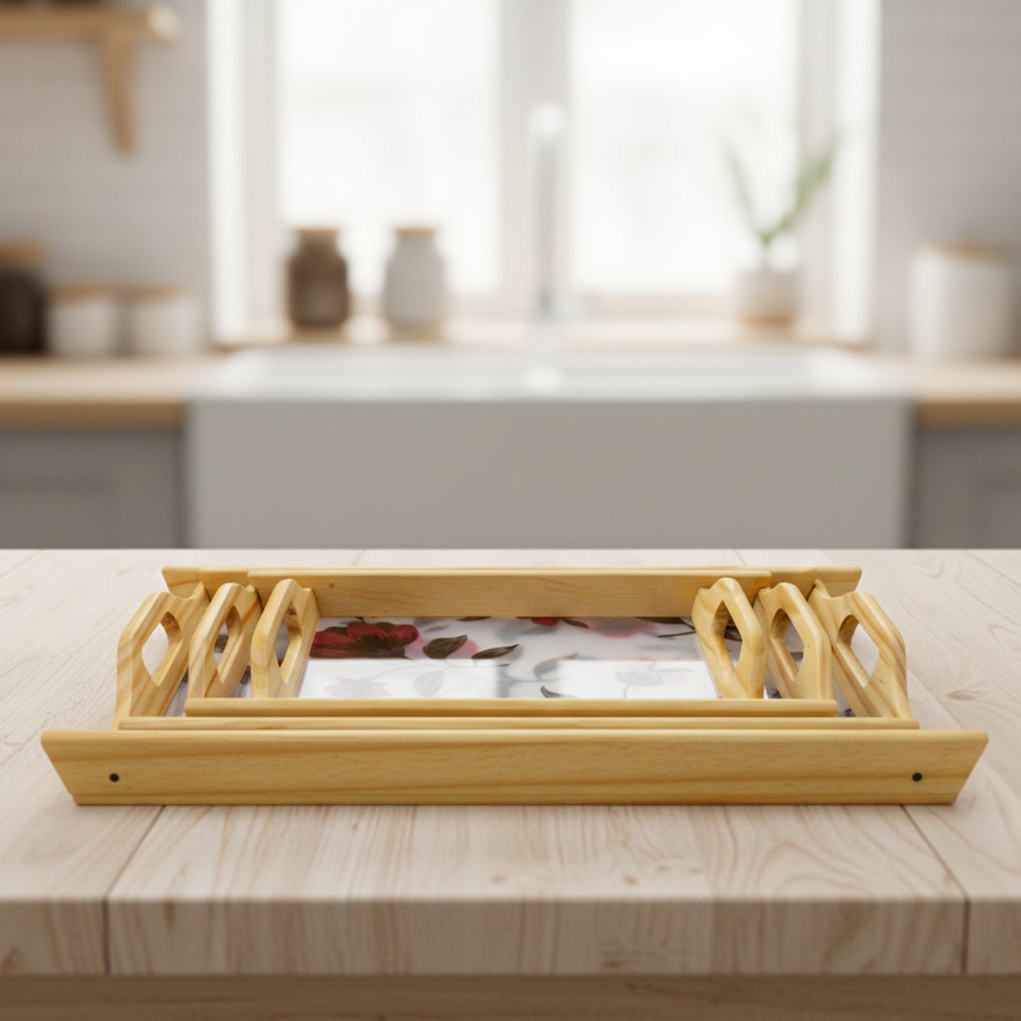 Kail Wood & Acrylic Floral Base Wooden Tray Set (Set of 3)