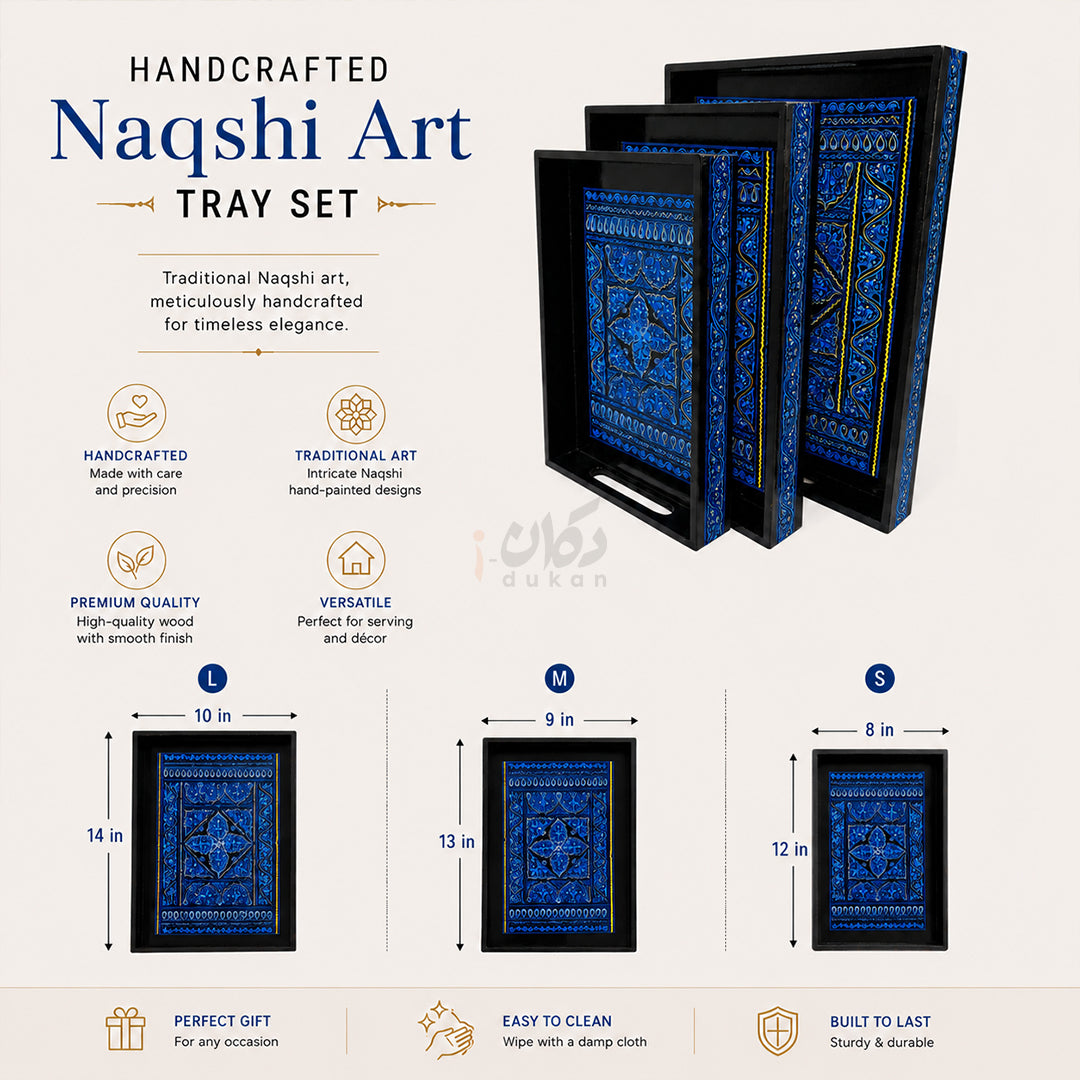 Naqshi Art Wooden Serving Tray Set – Handcrafted for Decorative and Serving - Blue Color