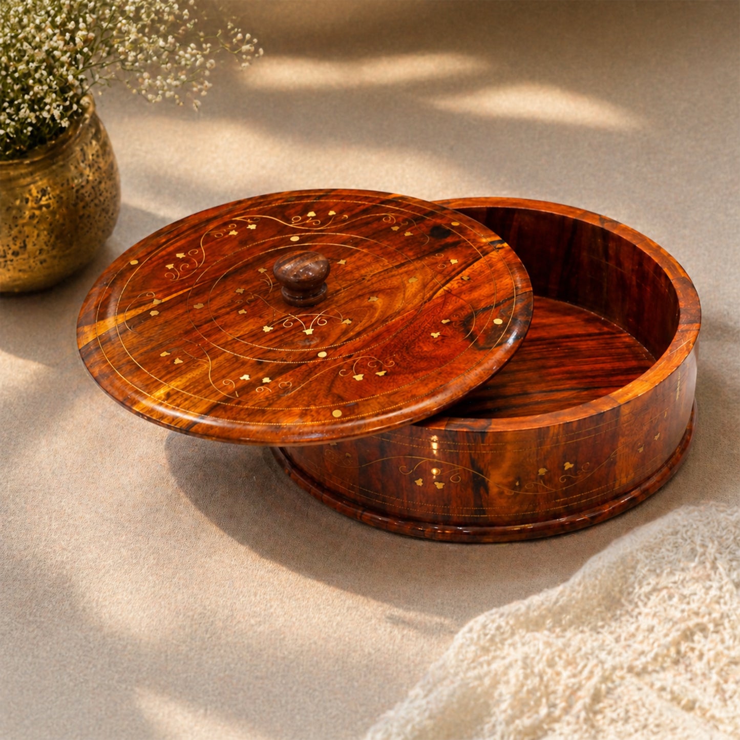 Handcrafted Brass Work Wooden Hotpot for Roti