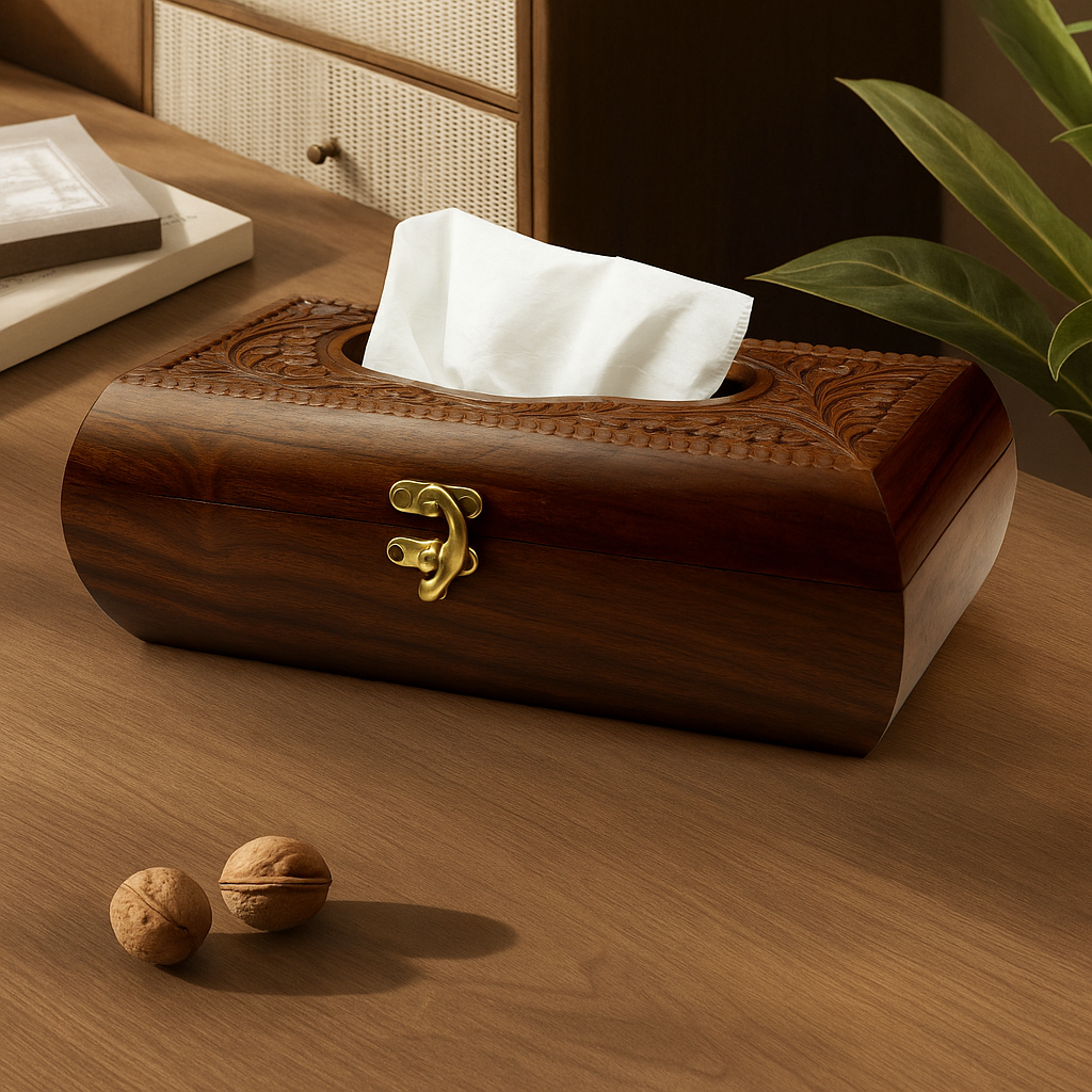Handcrafted Wooden Tissue Boxes with Naqshi, Brass and Carving Work