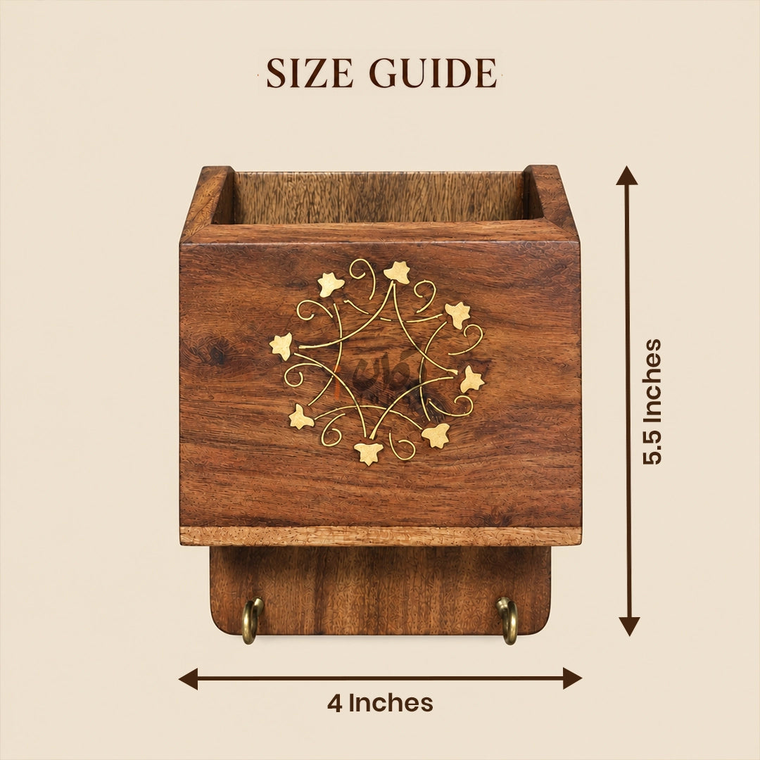 Handcrafted Wooden Mobile Holder with Key Hooks – Floral Brass Design