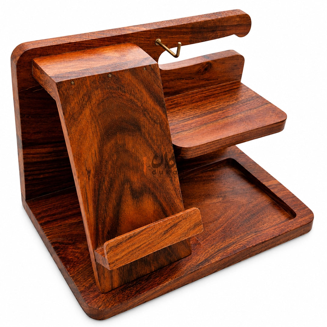 Solid Sheesham Wood Desk Organizer | Phone Docking Stand Watches Key Holder