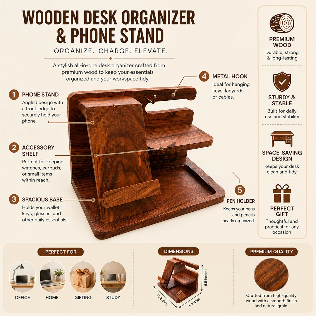 Solid Sheesham Wood Desk Organizer | Phone Docking Stand Watches Key Holder