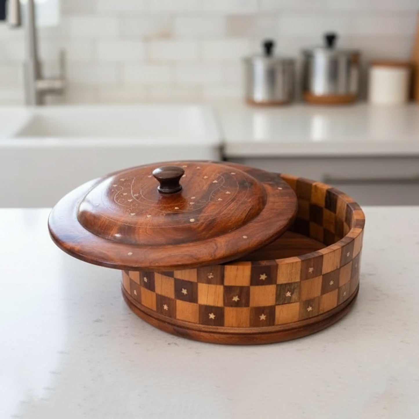 Handcrafted Brass Work Wooden Hotpot for Roti