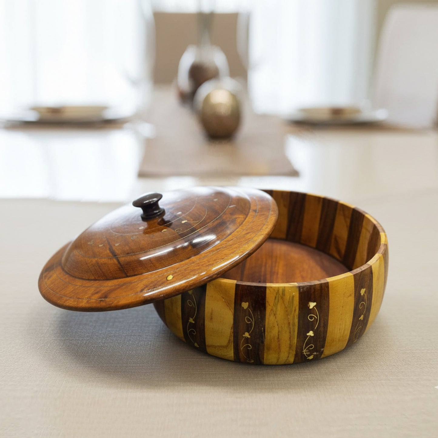 Handcrafted Brass Work Wooden Hotpot for Roti