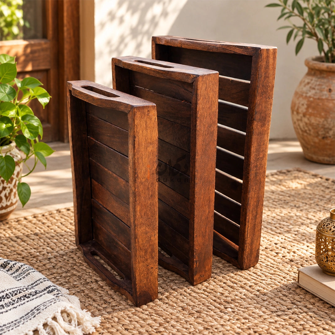 Handmade Sheesham Wood Serving Tray Set of 3 with Handles