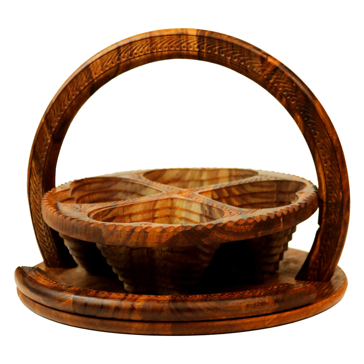 Handy crafted wooden dry fruit basket side view