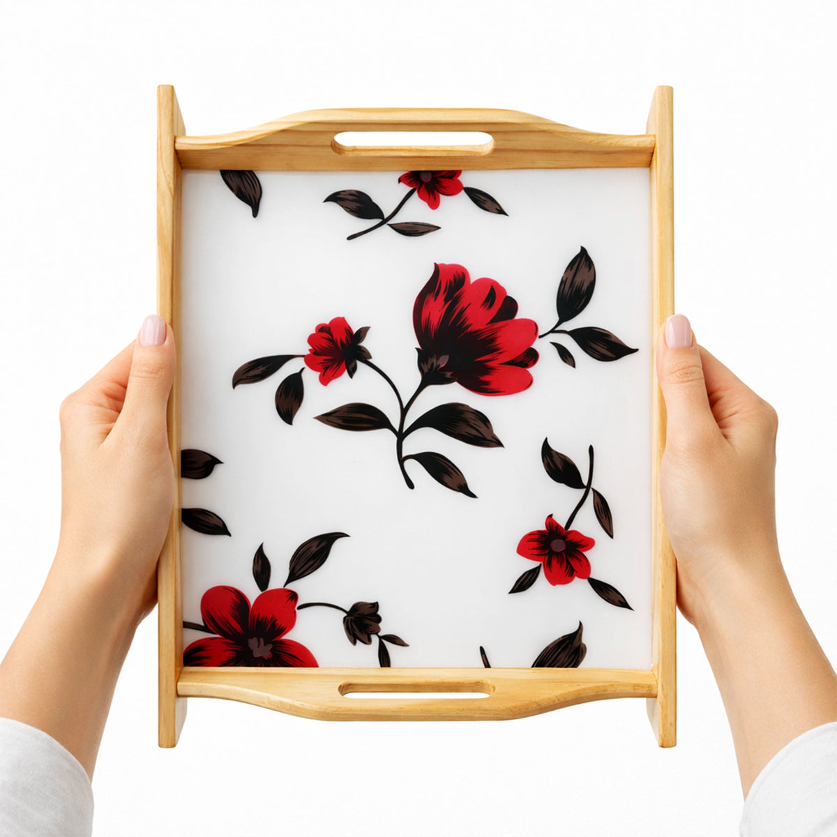 Hands holding floral acrylic base wooden serving tray