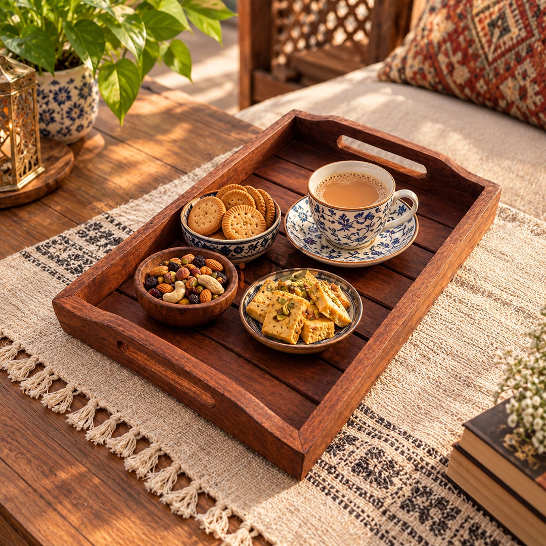Handmade Sheesham Wood Serving Tray Set of 3 with Handles