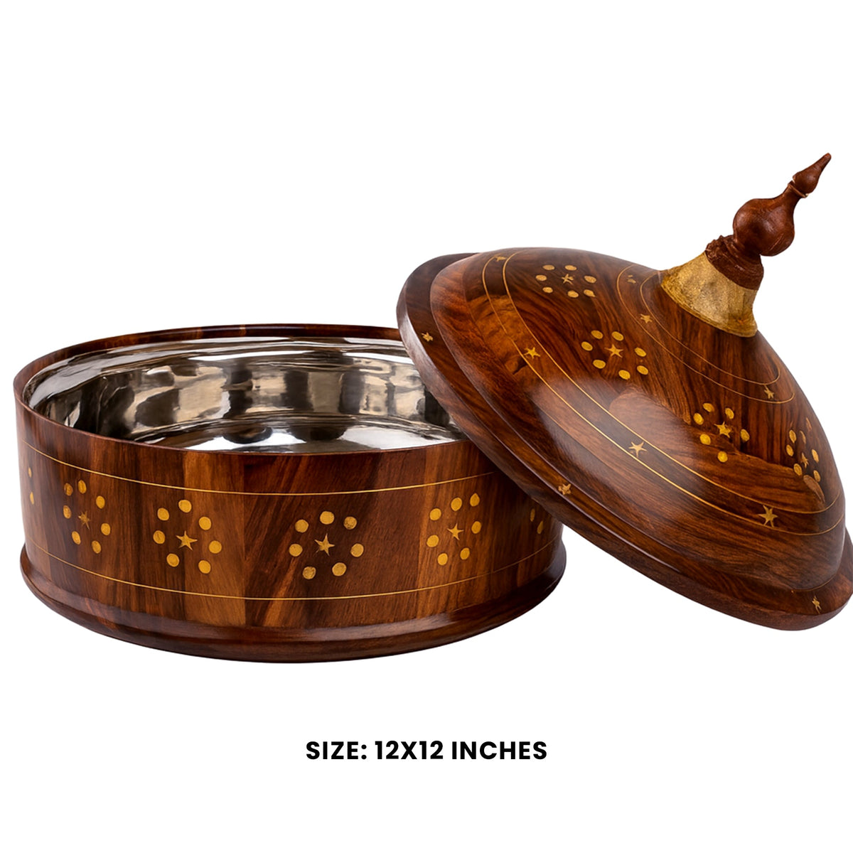 Brass work wooden hotpot open showing steel bowl