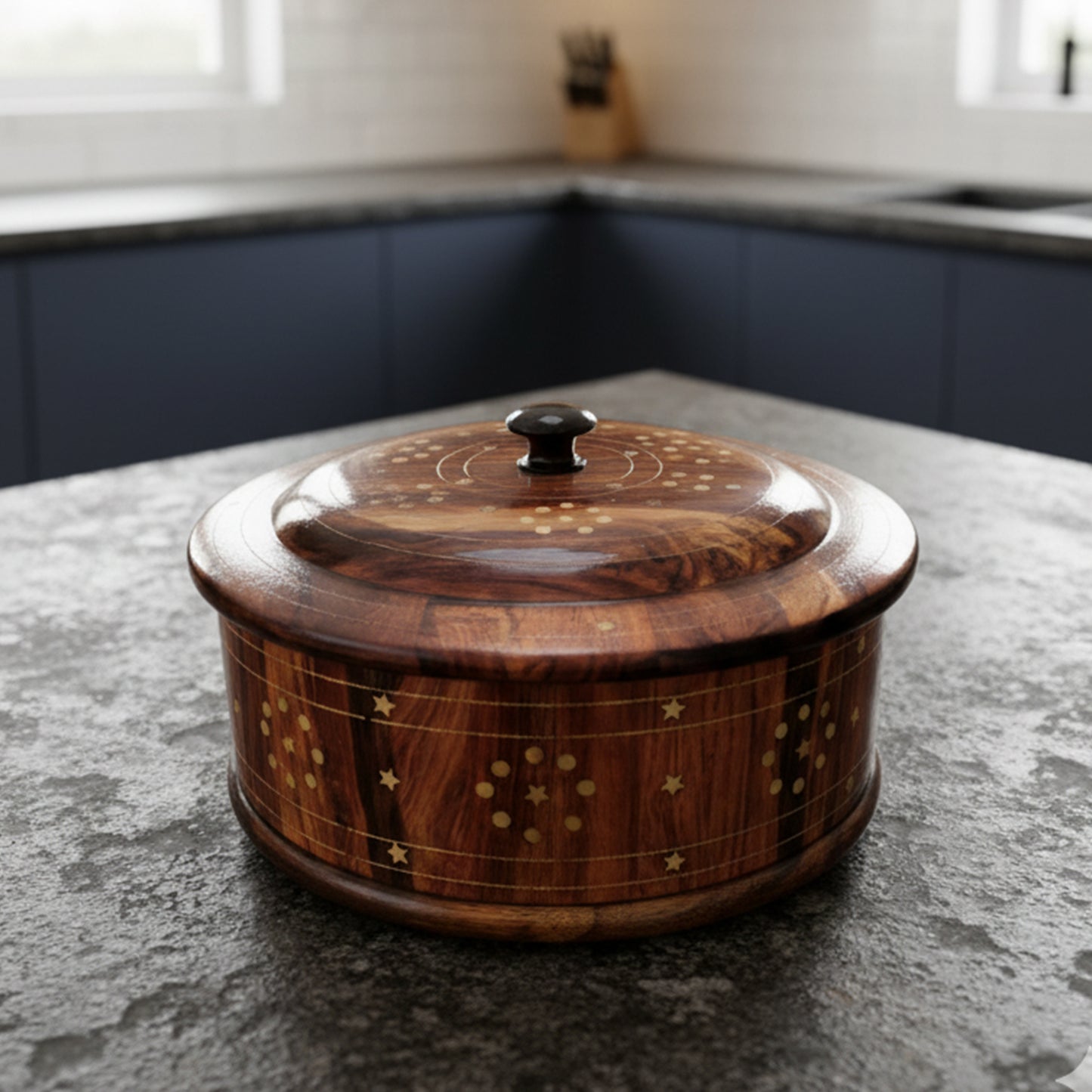 Handcrafted Brass Work Wooden Hotpot for Roti