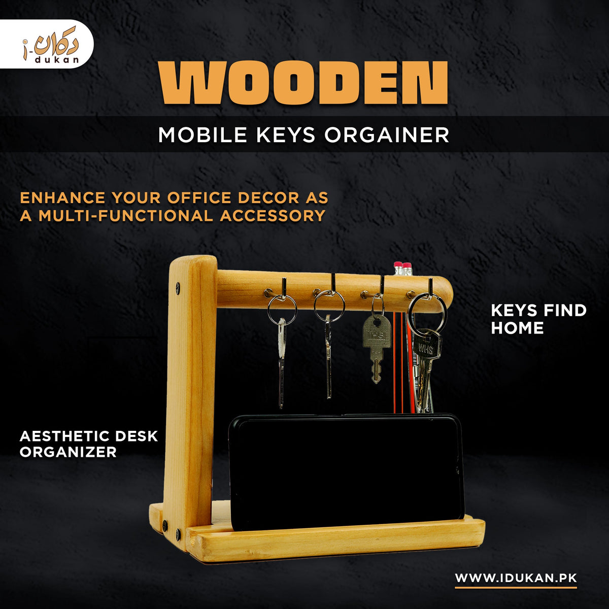 Wooden mobile and keys organizer features infographic