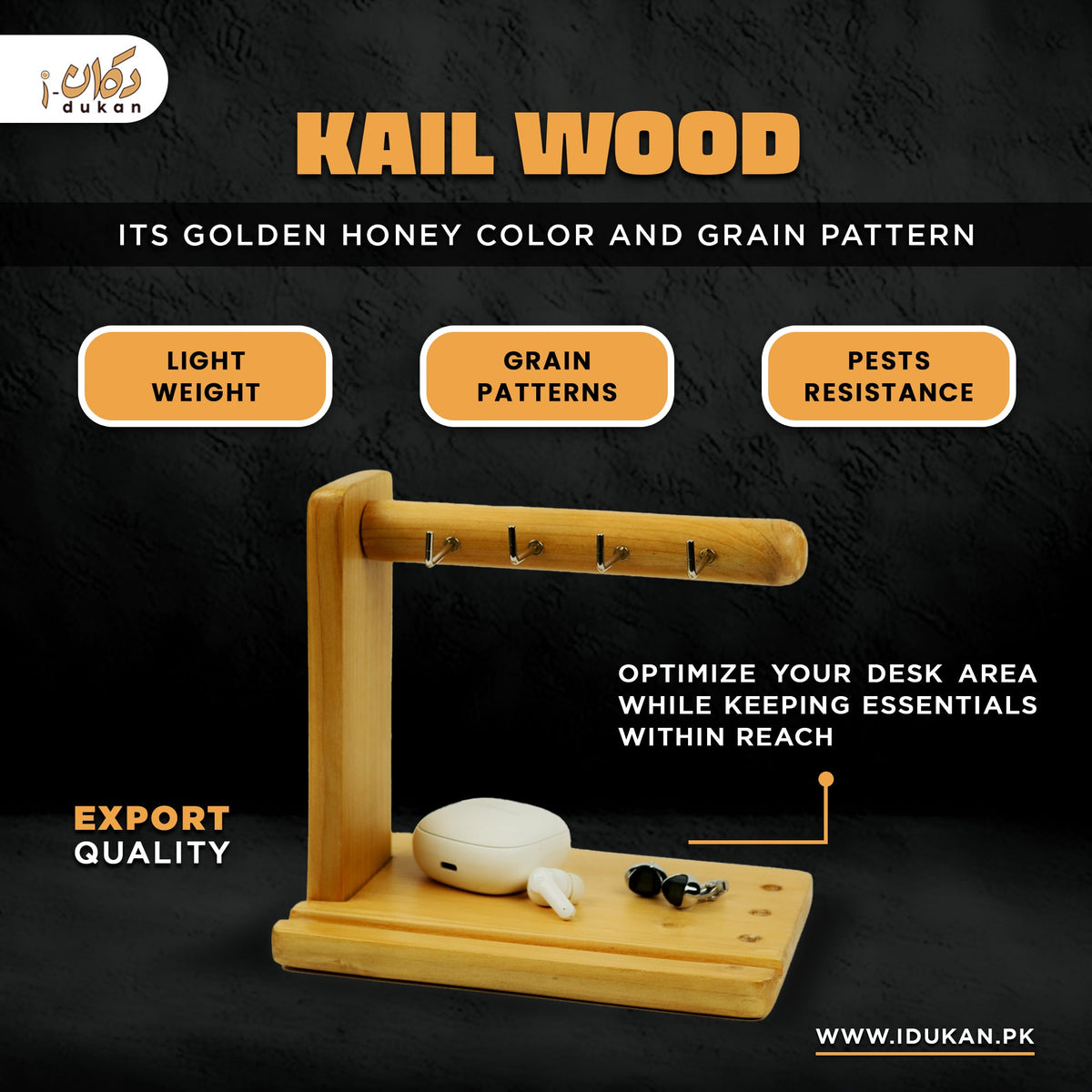 Kail wood key holder stand details infographic