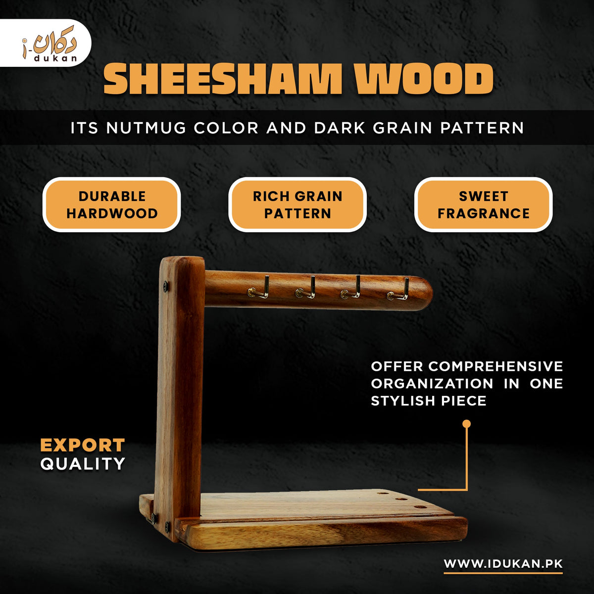 Sheesham wood key holder stand details infographic