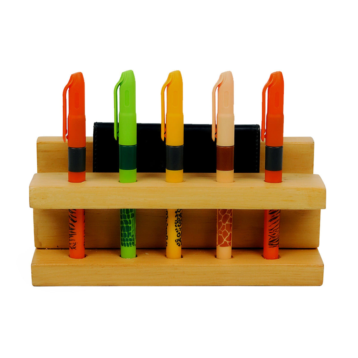 Wooden pen stand with colorful markers