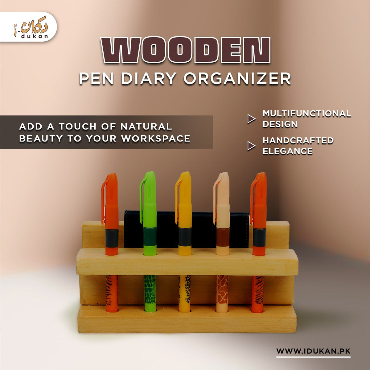 Wooden pen holder features infographic
