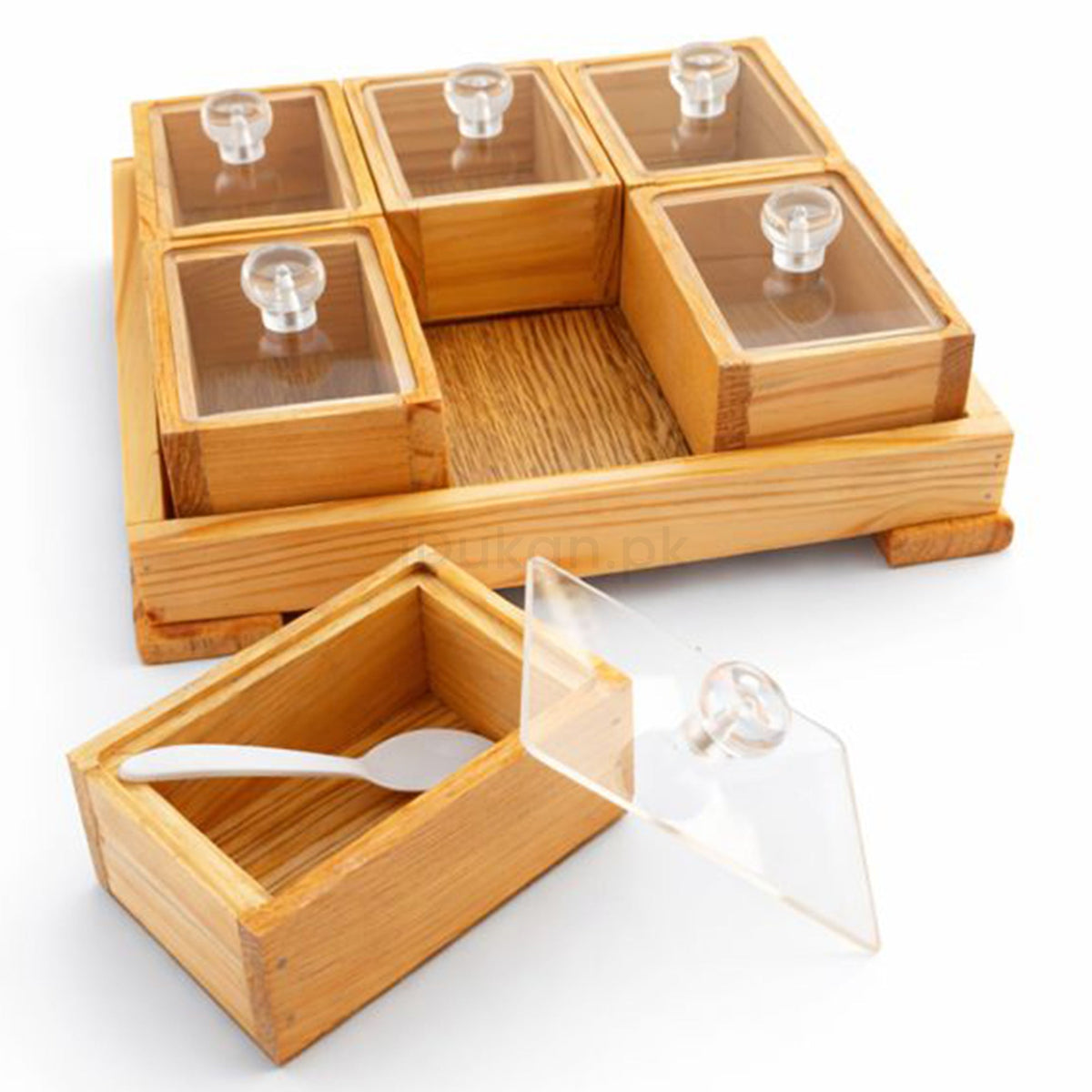 Wooden storage box set with removable acrylic lids and spoons