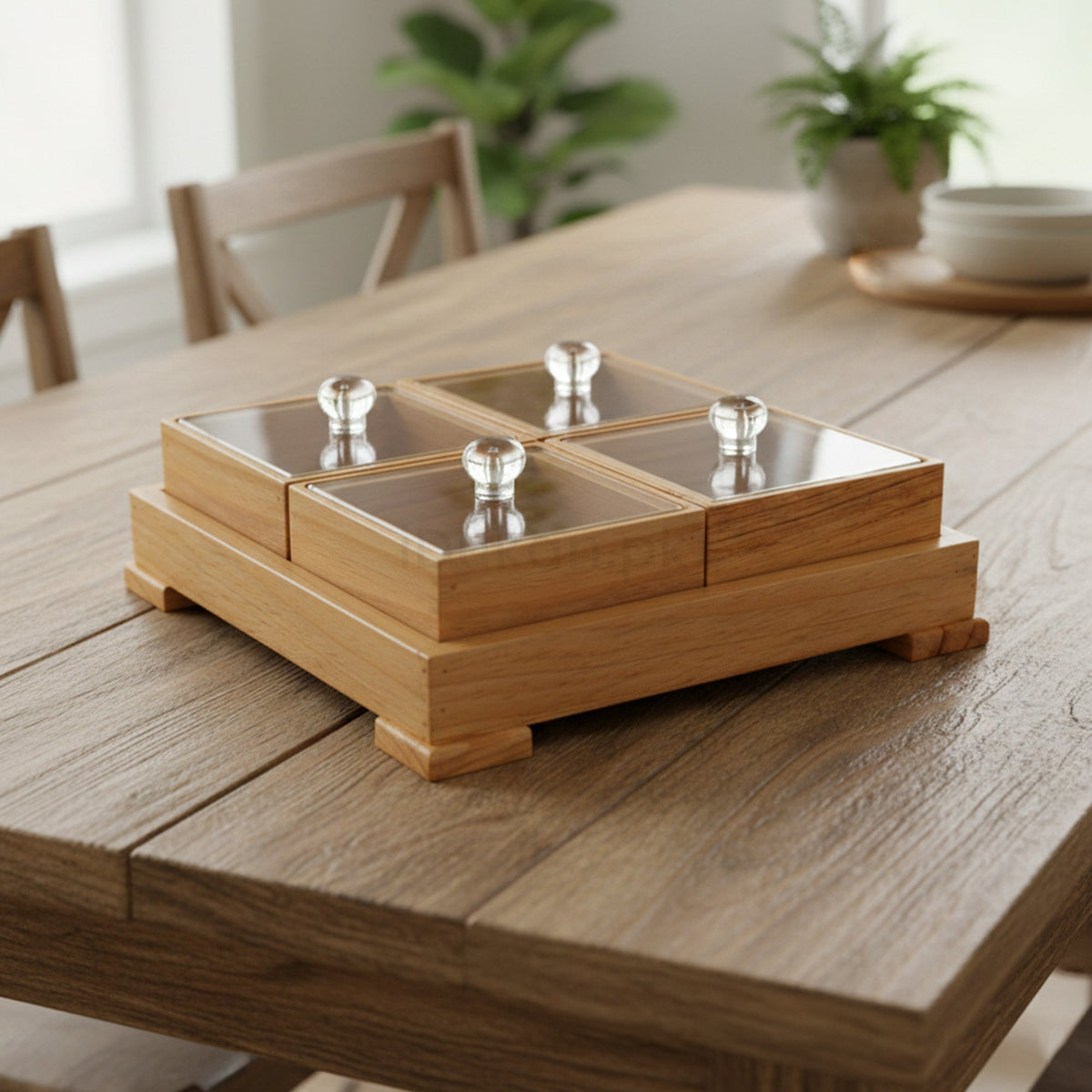 4 piece wooden storage box set on dining table