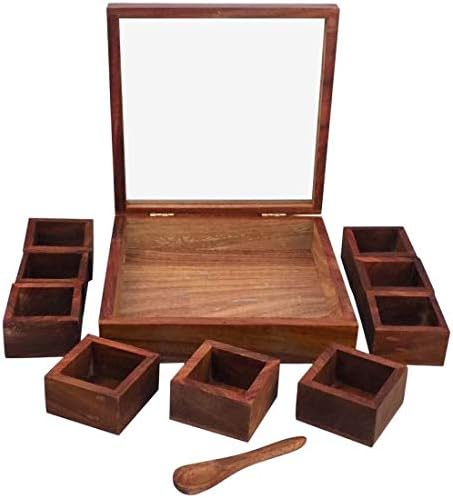 Wooden Spice Box with Transparent Glass Lid on Top Multipurpose  Moveable Containers with Spoon