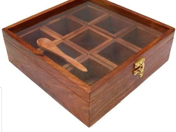 Wooden Spice Box with Transparent Glass Lid on Top Multipurpose  Moveable Containers with Spoon