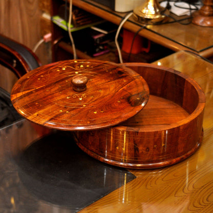 Handcrafted Brass Work Wooden Hotpot for Roti