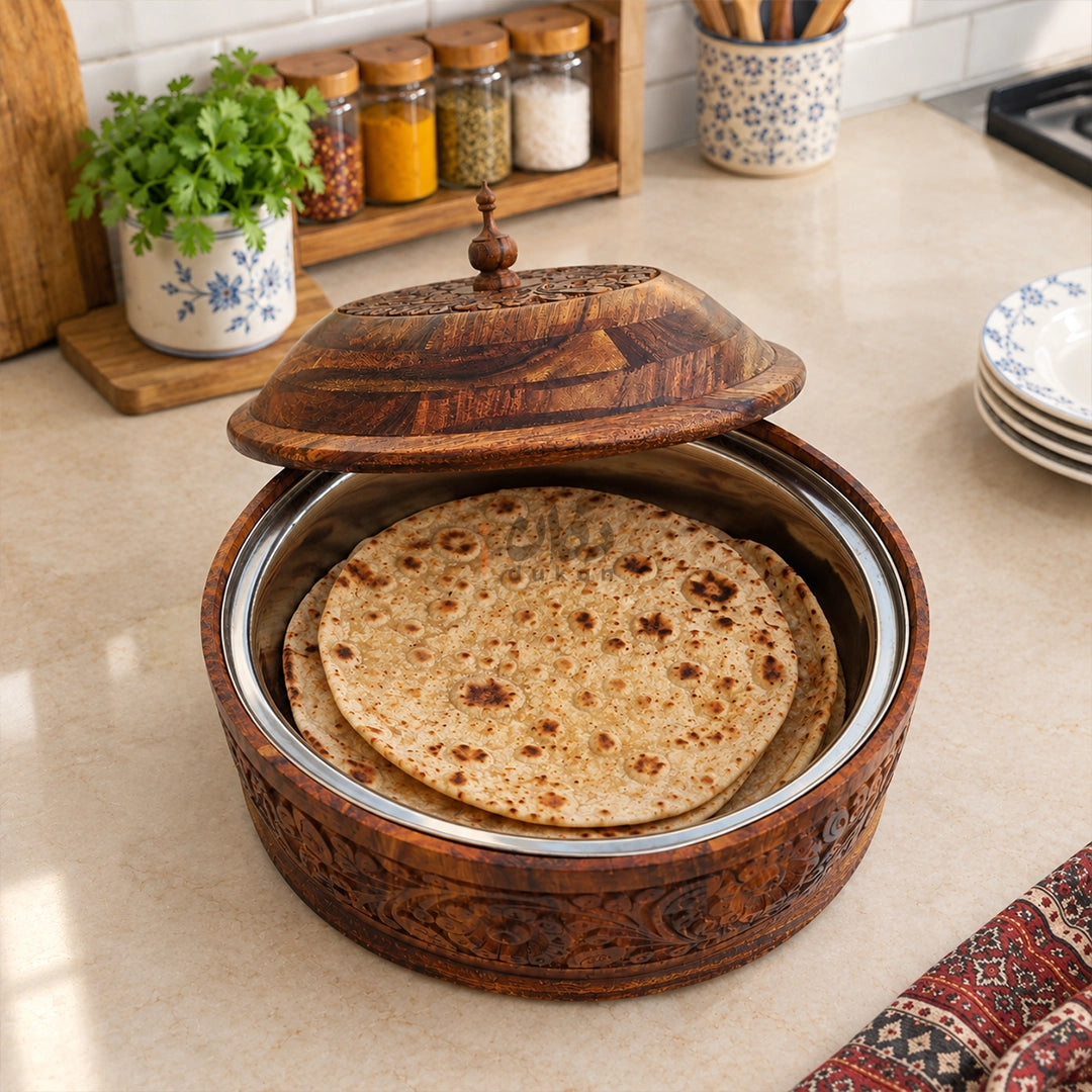 Hand-Carved Sheesham Wood Hotpot for Roti – Traditional Wooden Serving Hotpot