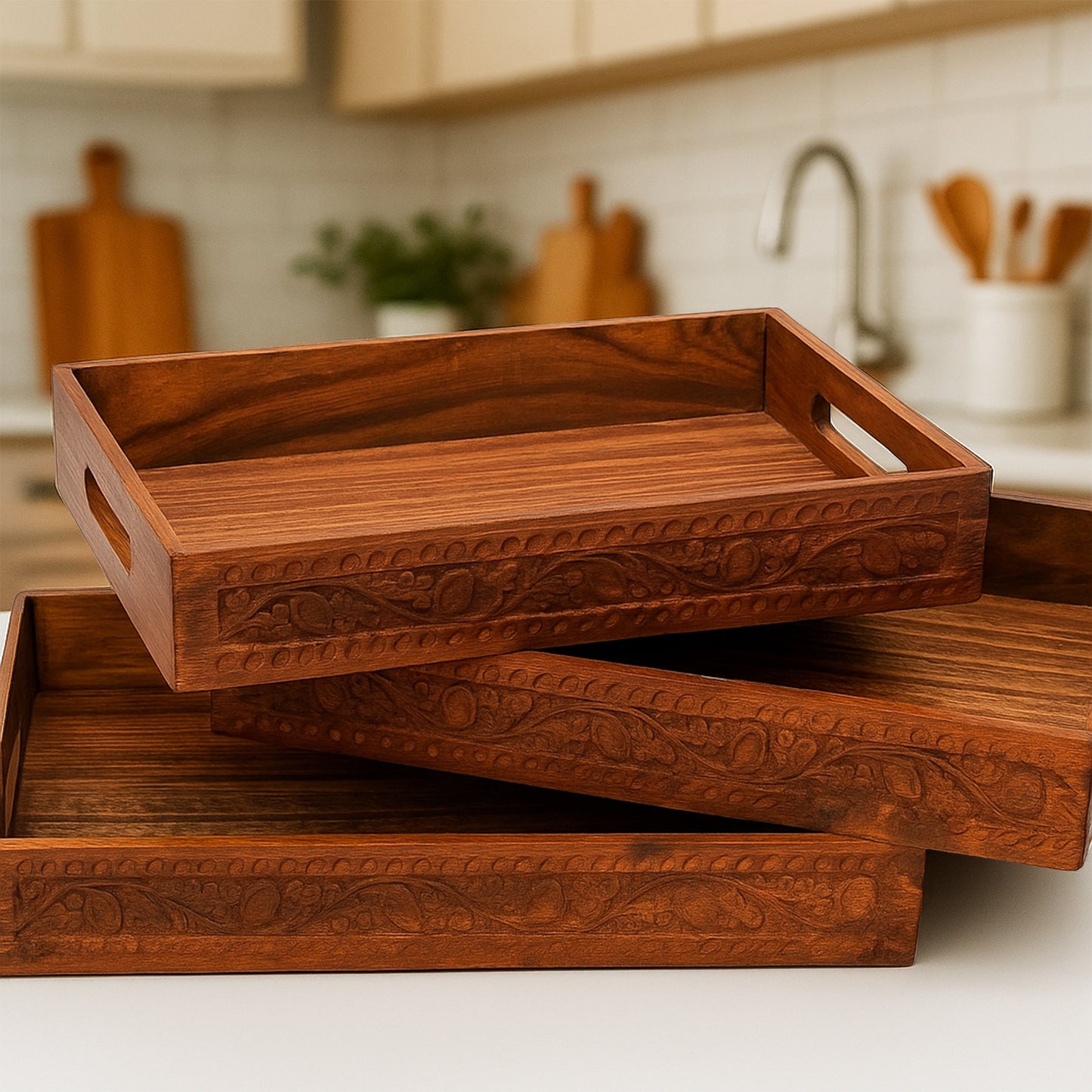 Traditional Hand Carving Serving Tray Set of 3 With Handles