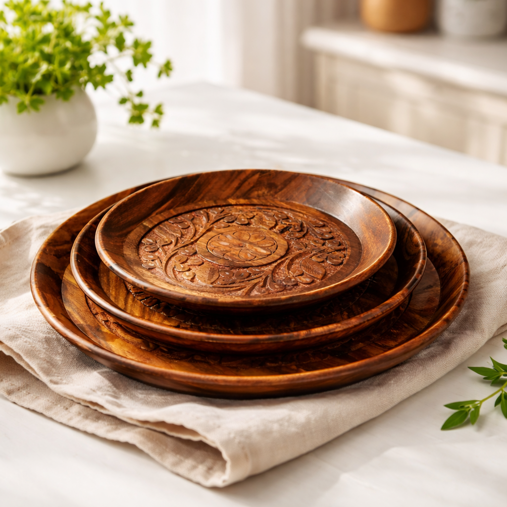 Handcrafted Sheesham Wood Plates Set of 3 for Serving and Decor