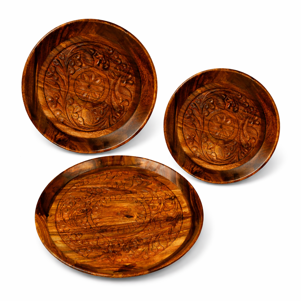 Handcrafted Sheesham Wood Plates Set of 3 for Serving and Decor