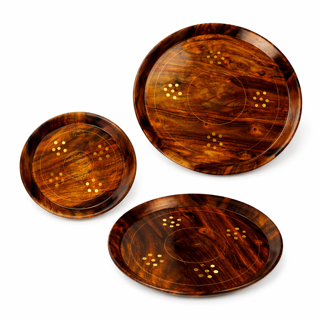 Handcrafted Sheesham Wood Plates Set of 3 for Serving and Decor
