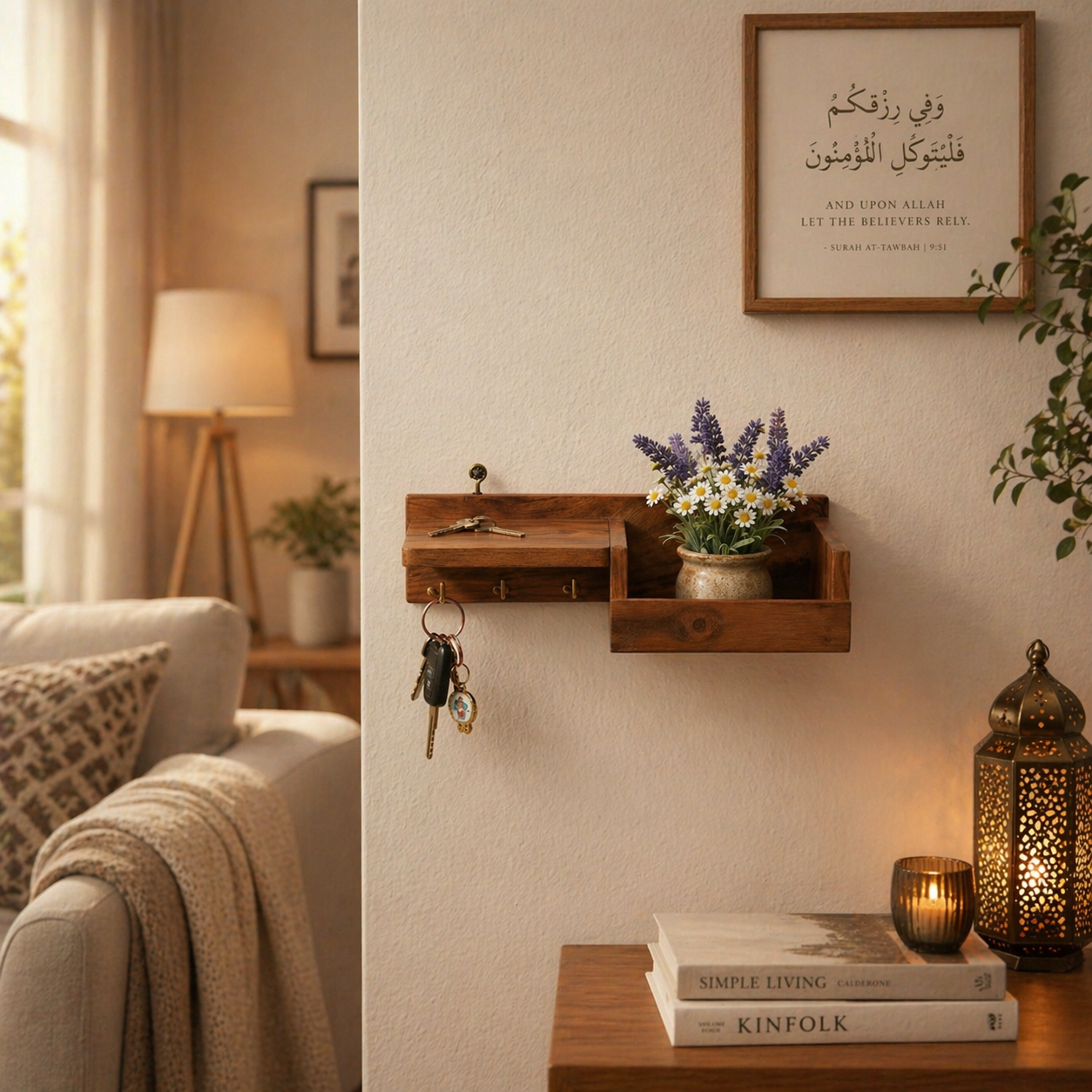 Wooden Entryway Organizer with Key Holder