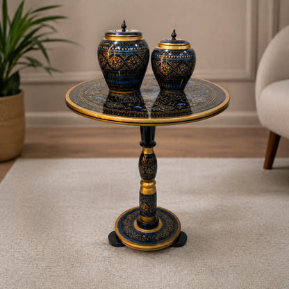 Hand-Painted NAQASHI Art Coffee Side Table for Home Decor (Black Fancy)