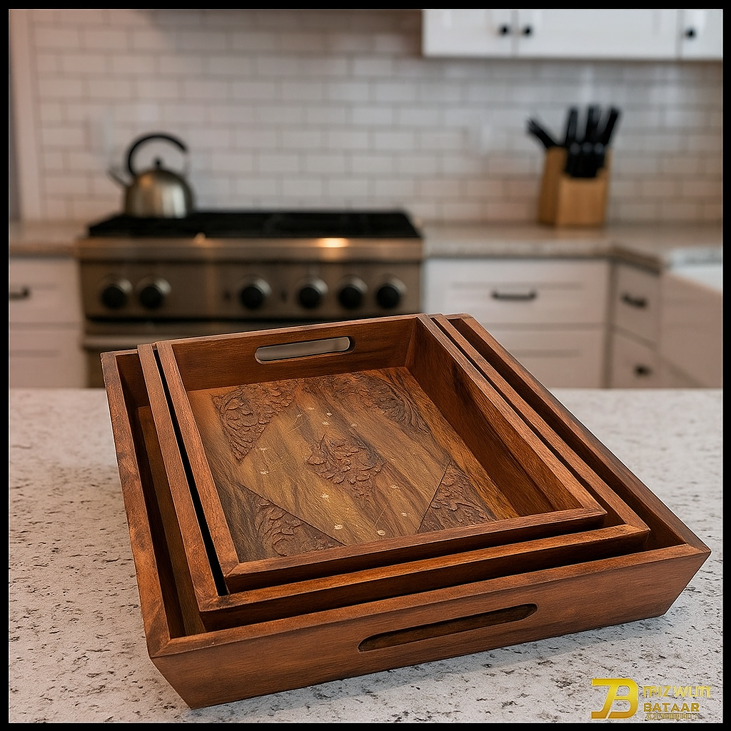 Pure Wood Hand Carving Serving Tray Set of 3 With Handles