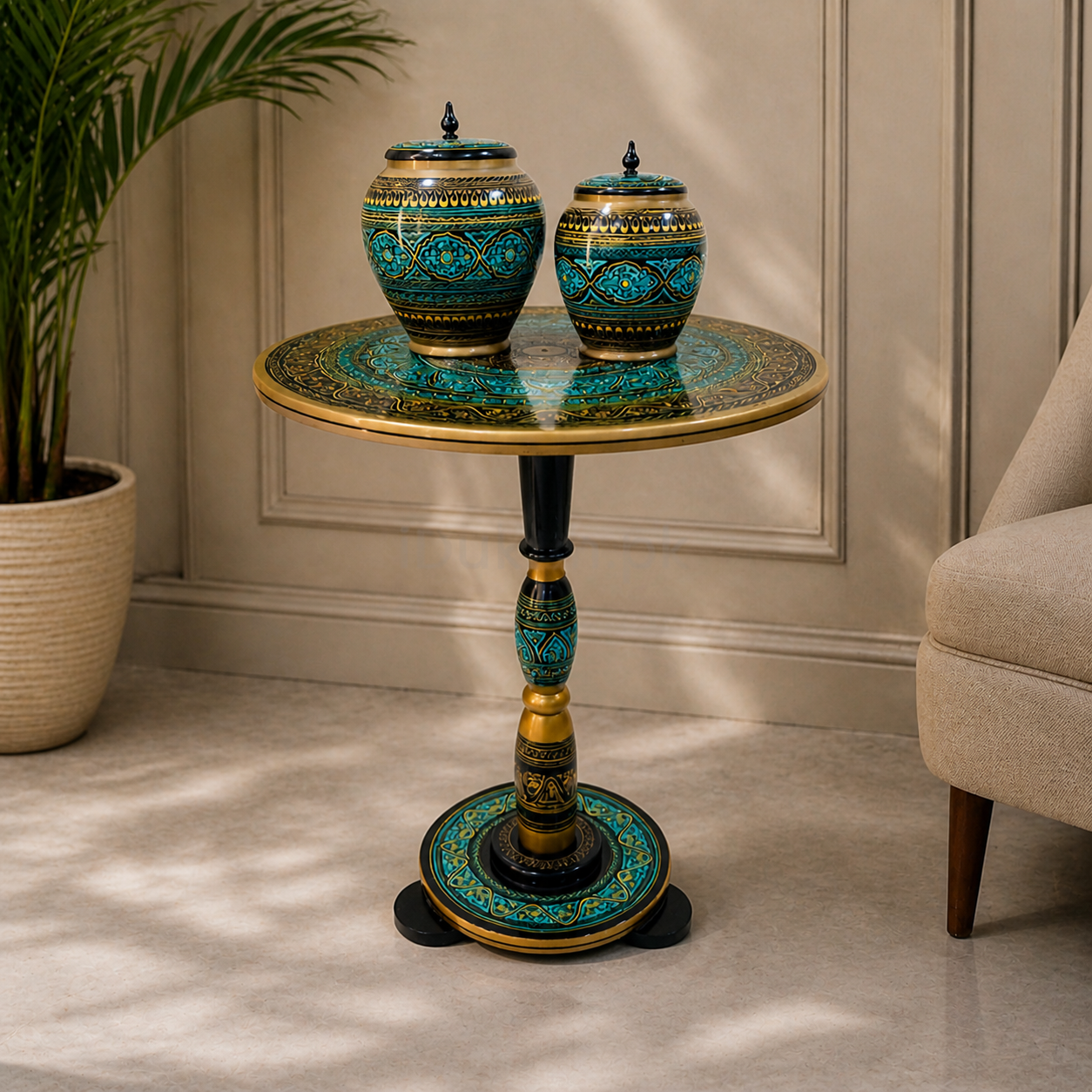 Naqashi Art Hand Painted Wood MDF Round Coffee Table 16" & 18" Diameter