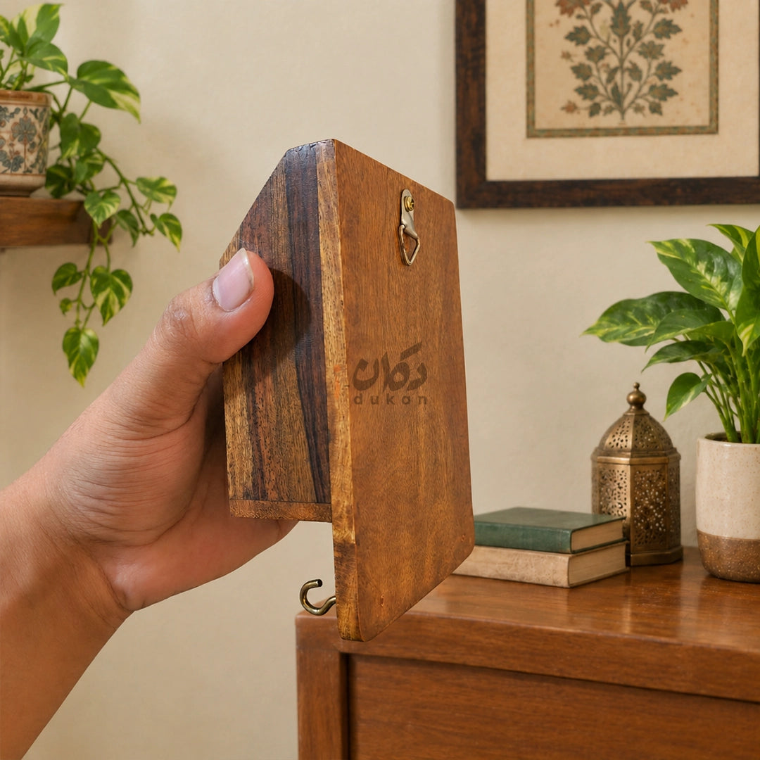 Handcrafted Wooden Mobile Holder with Key Hooks – Floral Brass Design