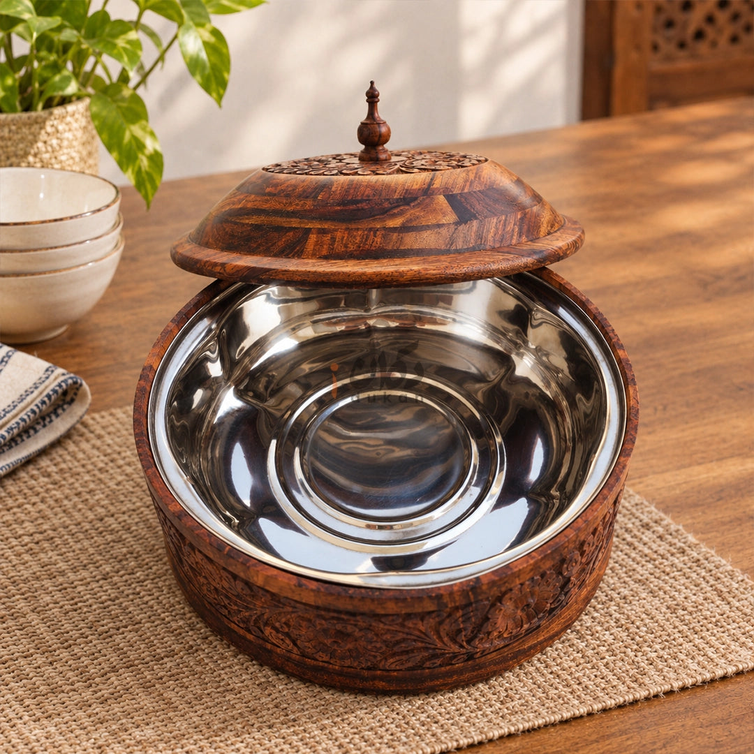 Hand-Carved Sheesham Wood Hotpot for Roti – Traditional Wooden Serving Hotpot
