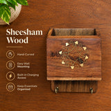 Handcrafted Wooden Mobile Holder with Key Hooks – Floral Brass Design