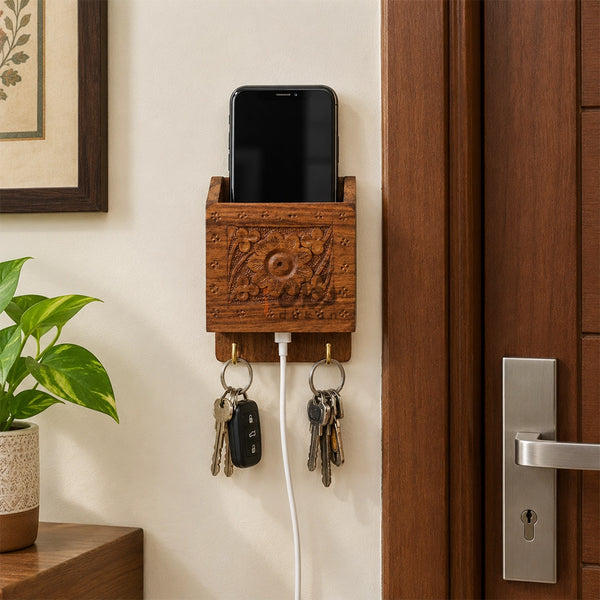 Handcrafted Wooden Mobile Holder with Key Hooks – Hand-Carved Design