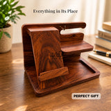 Solid Sheesham Wood Desk Organizer | Phone Docking Stand Watches Key Holder